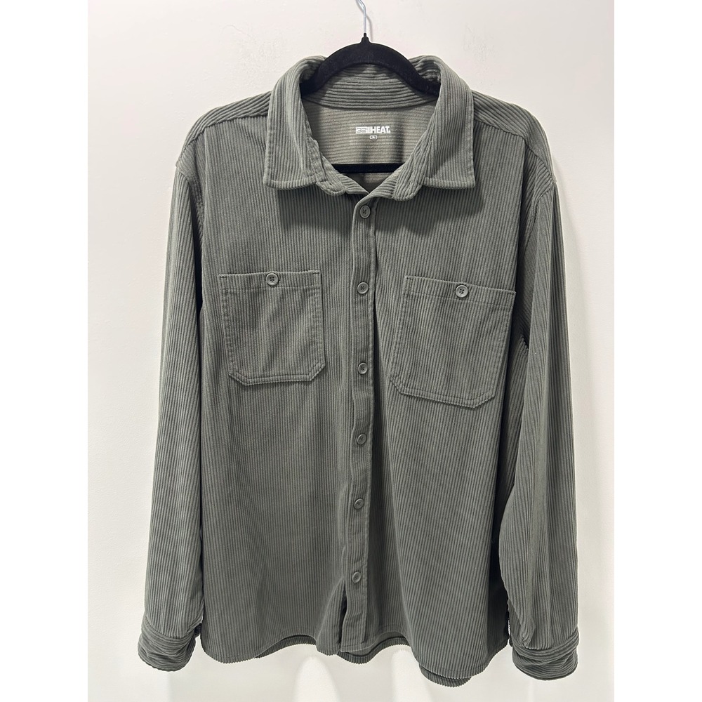 32 Degrees Heat Mens XL Green Ribbed Long Sleeve Button Down Shirt Pockets